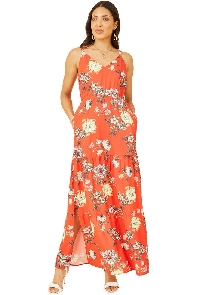 Red Floral Strappy Tiered Maxi Dress Yumi