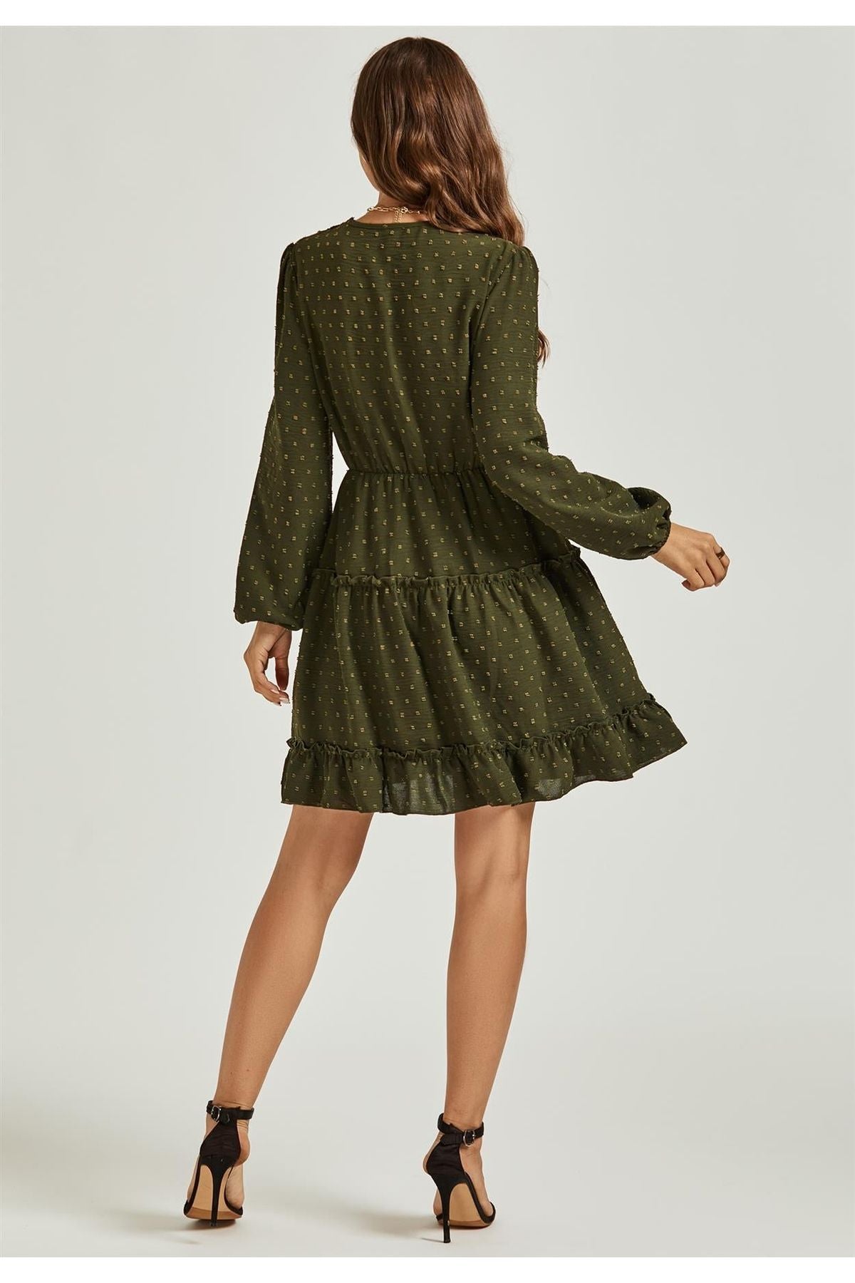Long Sleeve Lace Detail Wrap Style Tulle Frill Mini Dress In Olive Green FS495-OliveGreen