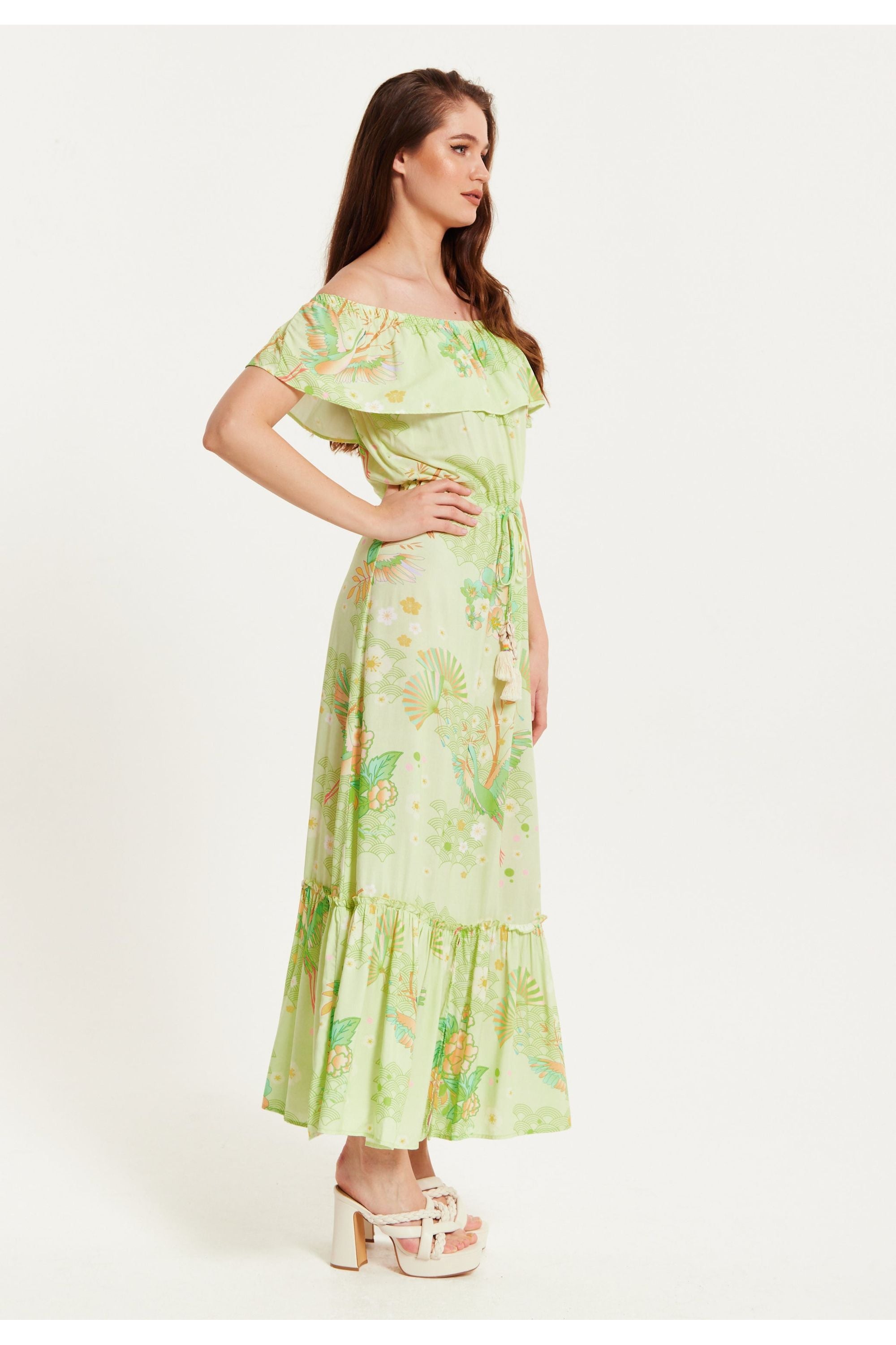 Floral And Bird Print Off Shoulder Maxi Dress In Sage Green C2-TRDROS002