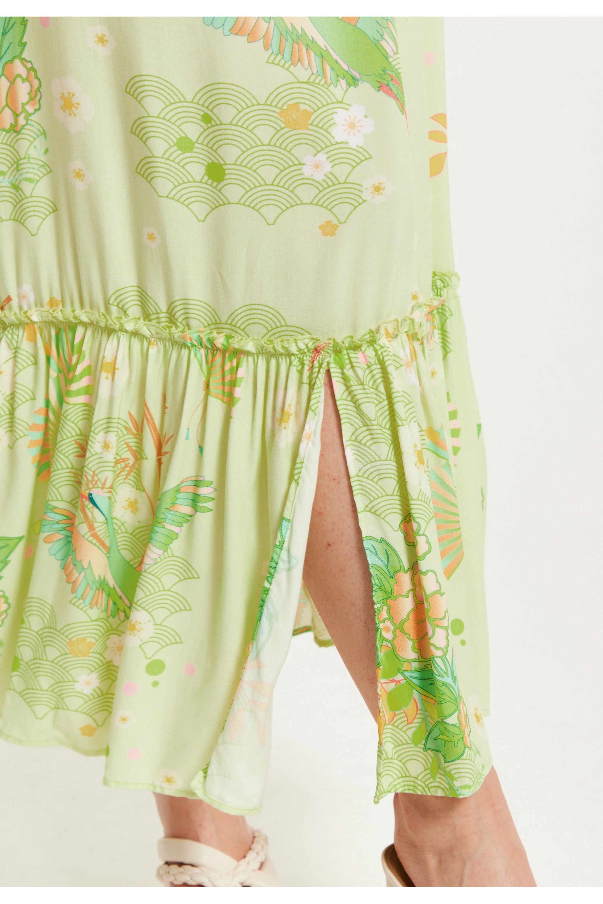 Floral And Bird Print Off Shoulder Maxi Dress In Sage Green C2-TRDROS002