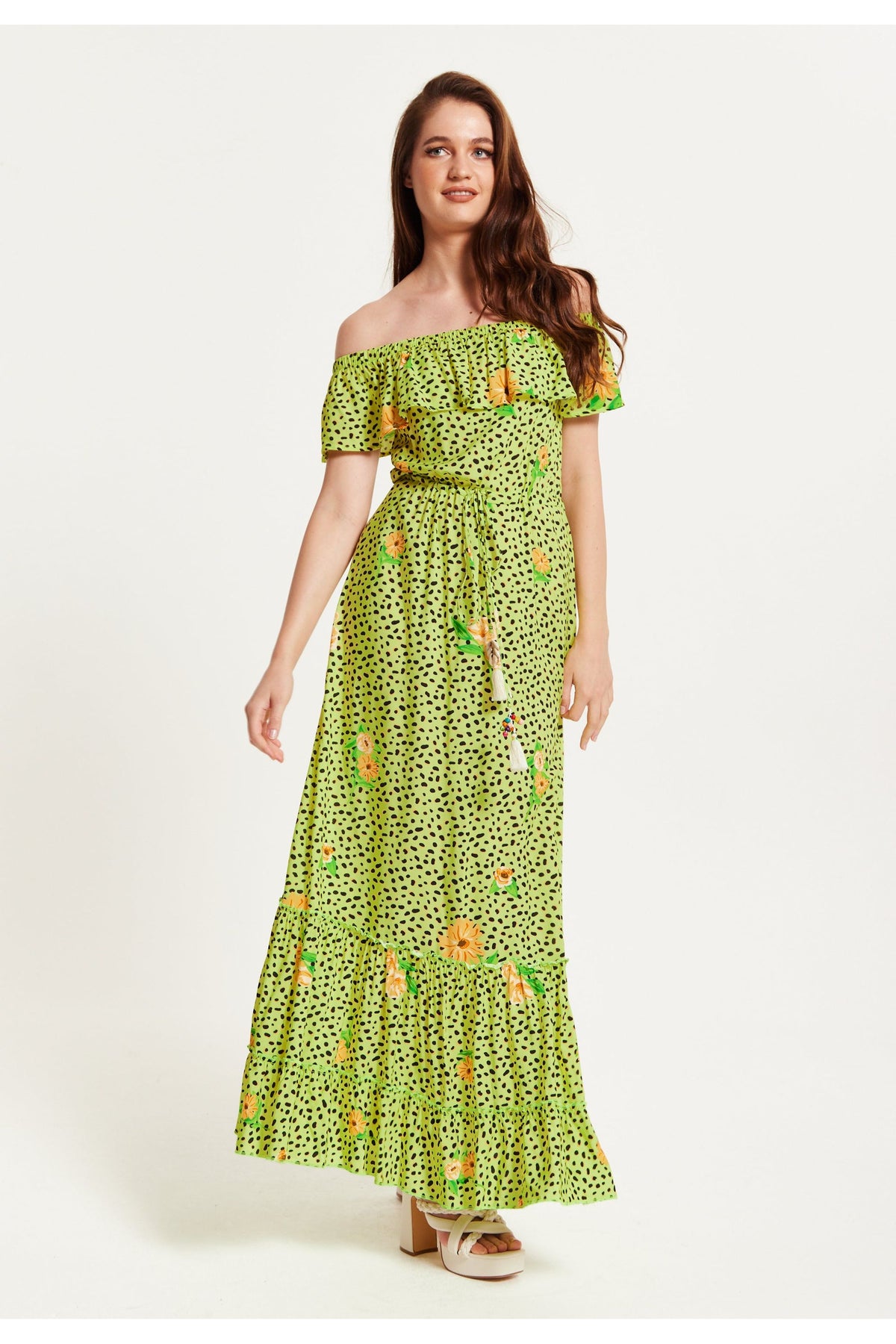 Animal And Floral Print Off Shoulder Maxi Dress In Neon Green C2-TRDROS001