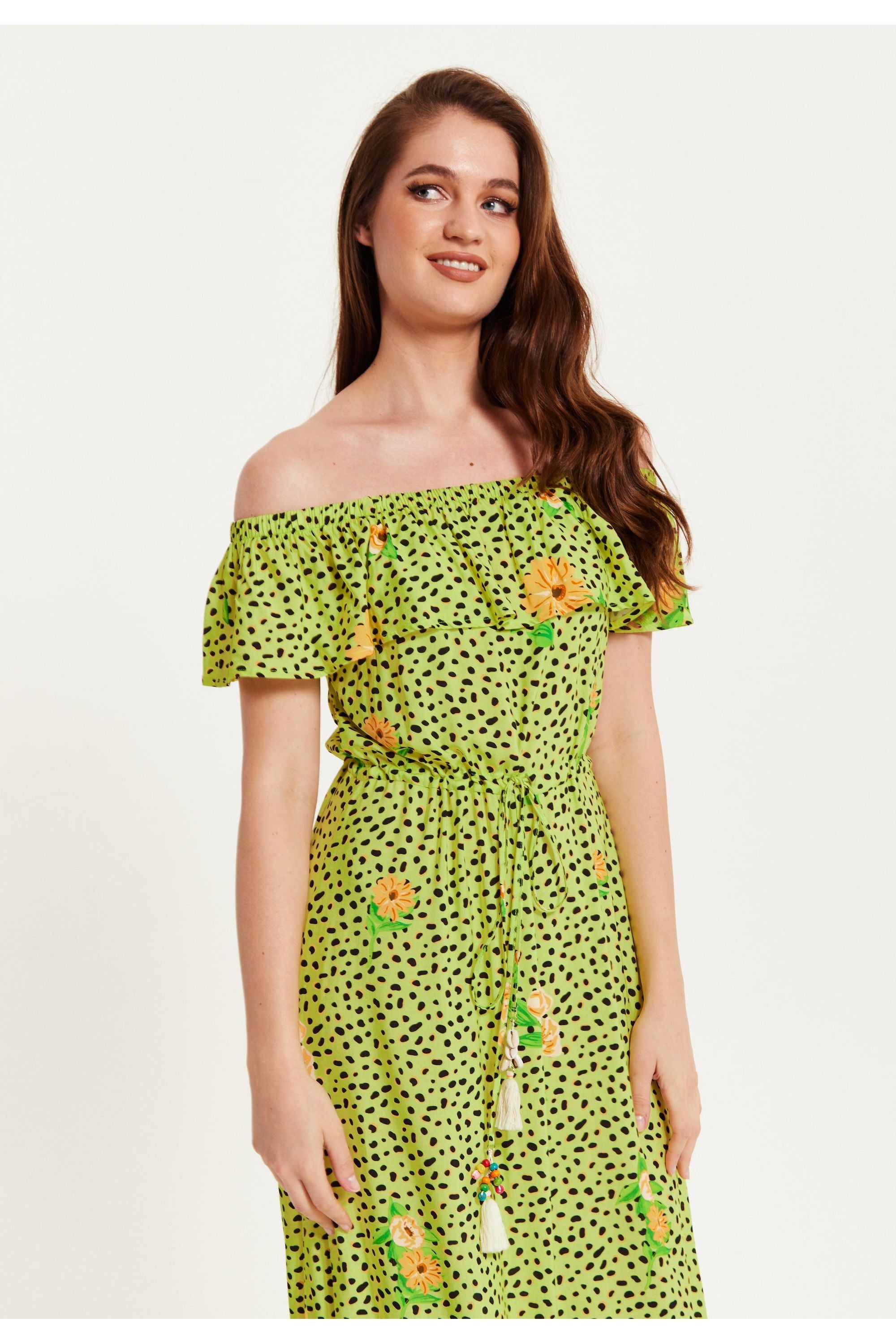 Animal And Floral Print Off Shoulder Maxi Dress In Neon Green C2-TRDROS001