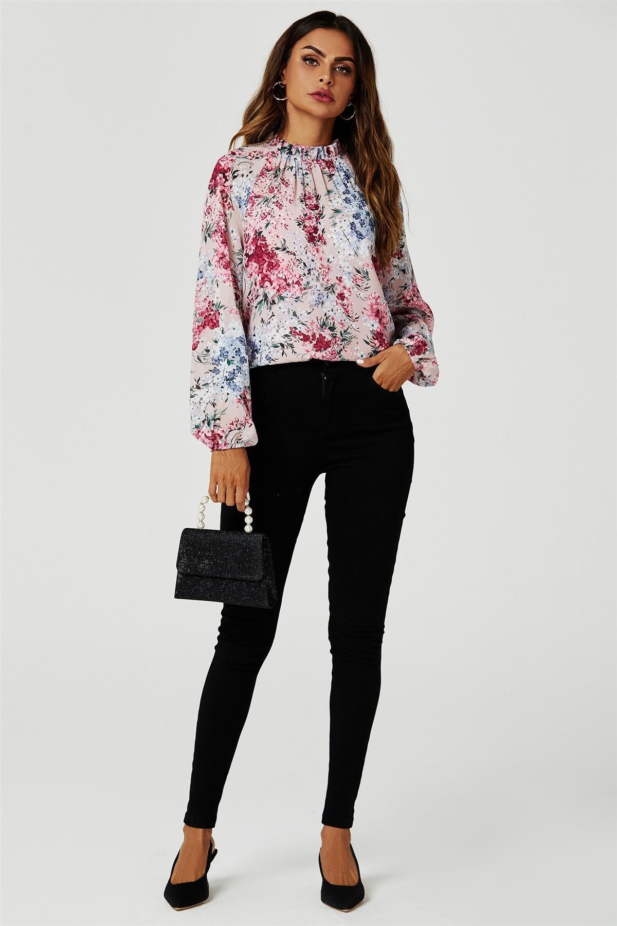 Floral Print Long Sleeve Frill High Neck Top In Pink FS627