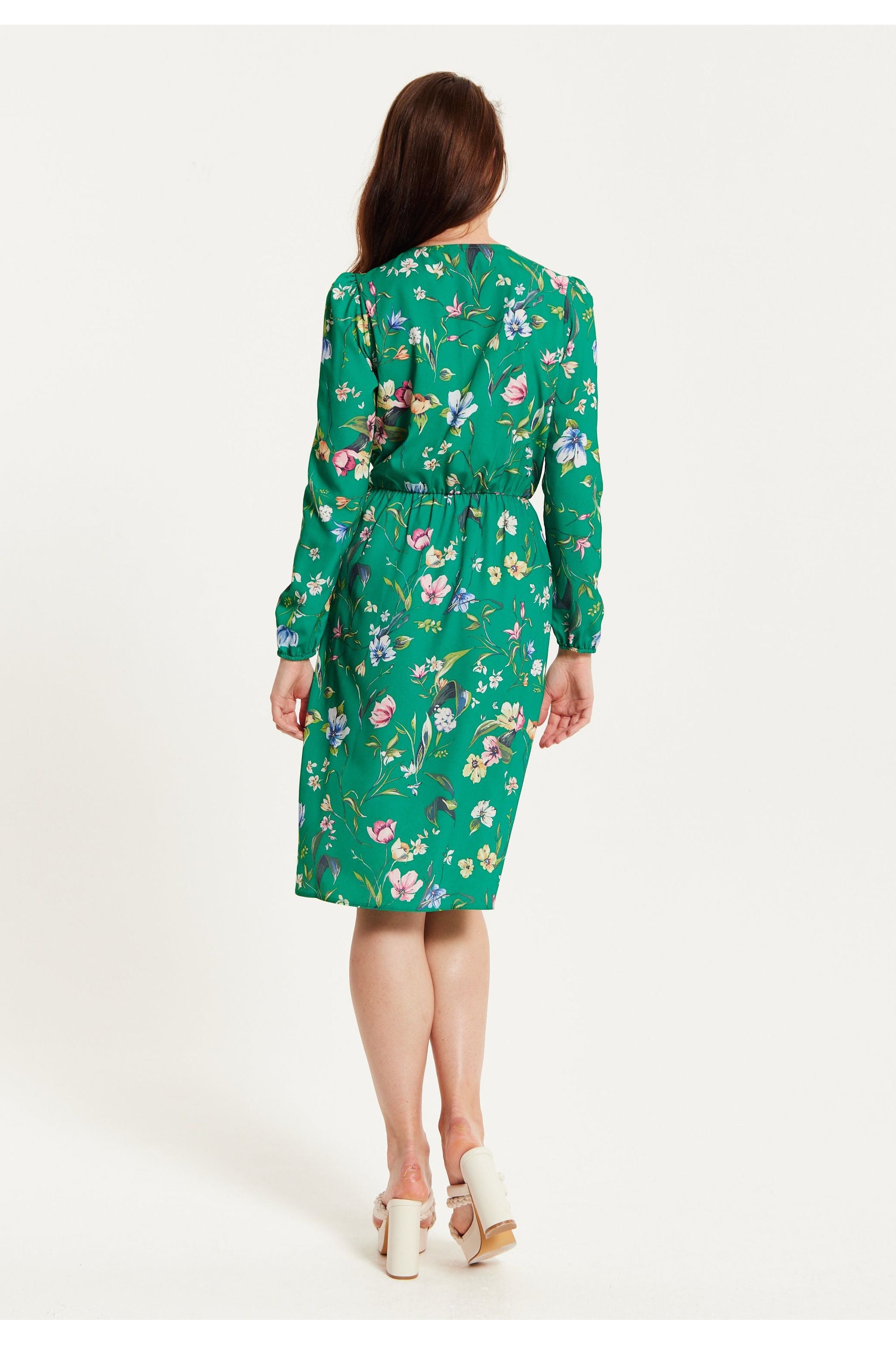 Green Floral Print Midi Fake Wrap Dress LIQ23AW081