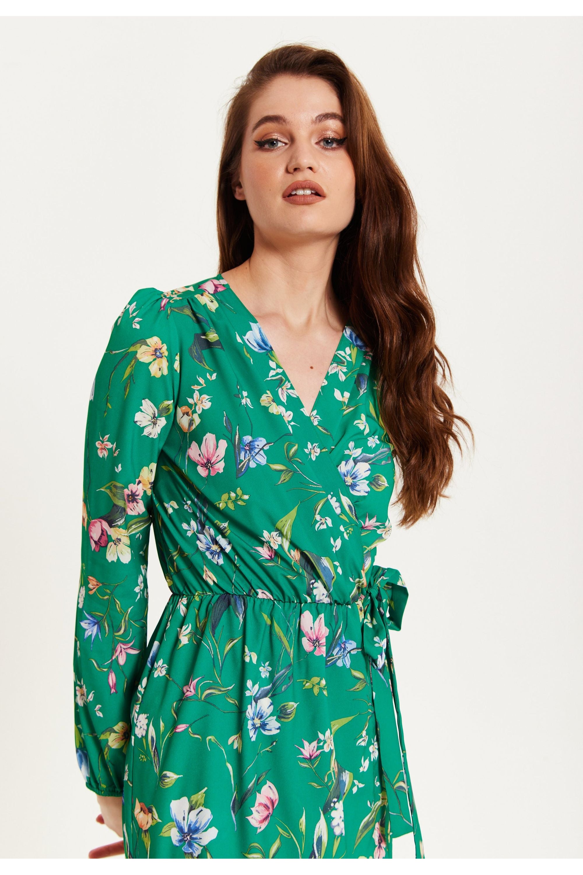 Green Floral Print Midi Fake Wrap Dress LIQ23AW081