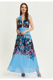Liquorish Floral Print Deep V Neck Multiway Maxi Dress In Blue