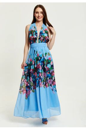 Floral Print Deep V Neck Multiway Maxi Dress In Blue 299-LIQ23SS178