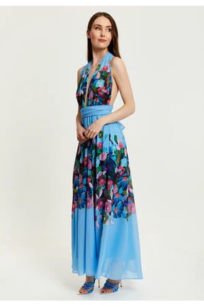 Floral Print Deep V Neck Multiway Maxi Dress In Blue 299-LIQ23SS178