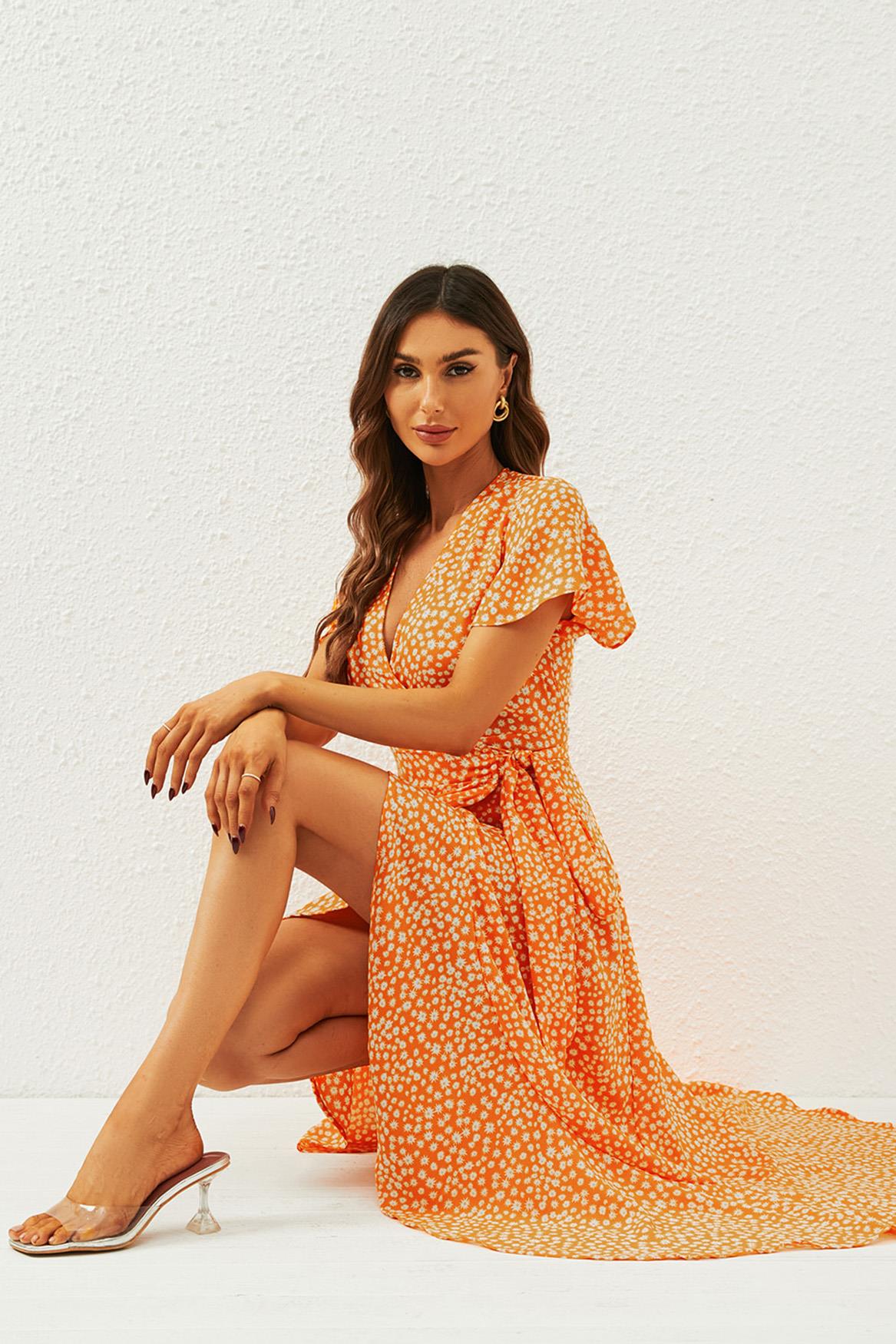 Floral Print Wrap Midi Dress In Orange Yellow FS553