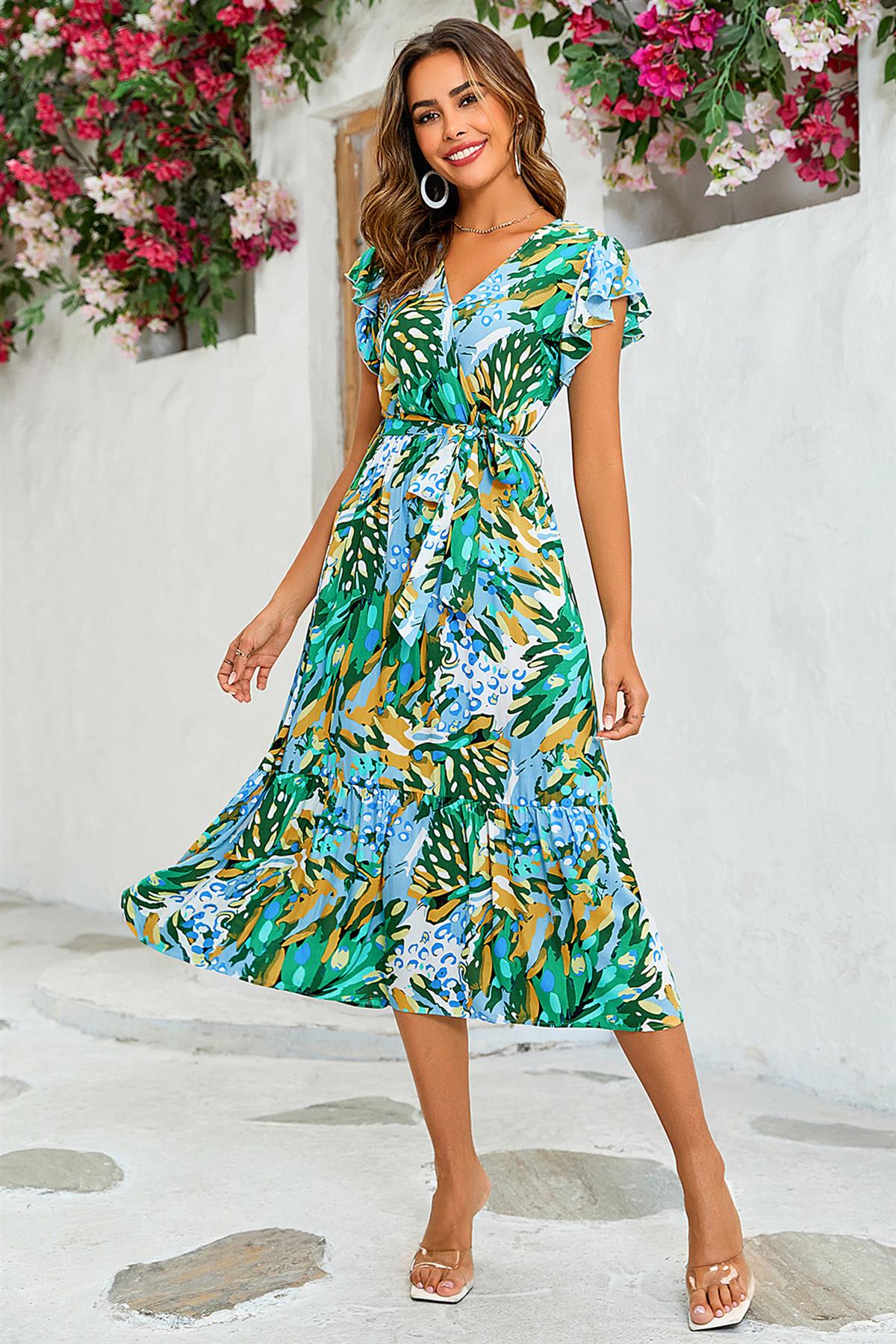Floral Print Wrap Dress In Yellow & Green FS564-FL