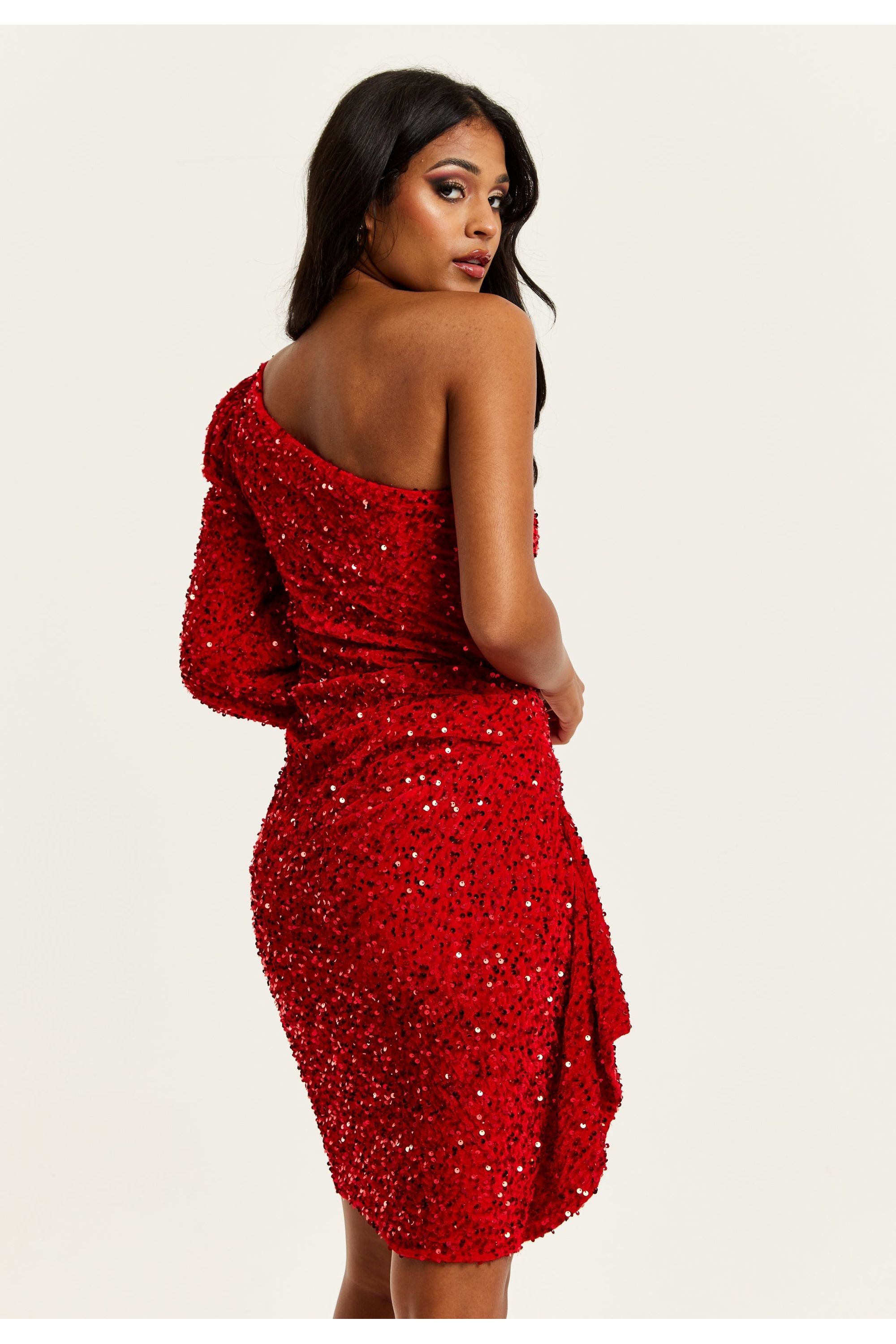 Red Sequin Velvet One Shoulder Mini Dress E0-LIQ23AW018