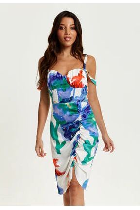 Floral Print Ruched White Based Mini Dress 277-LIQ23SS053