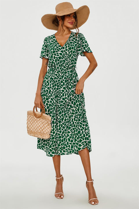 Geo Print Hem Tiered Wrap Midi Dress In Green FS231-GG