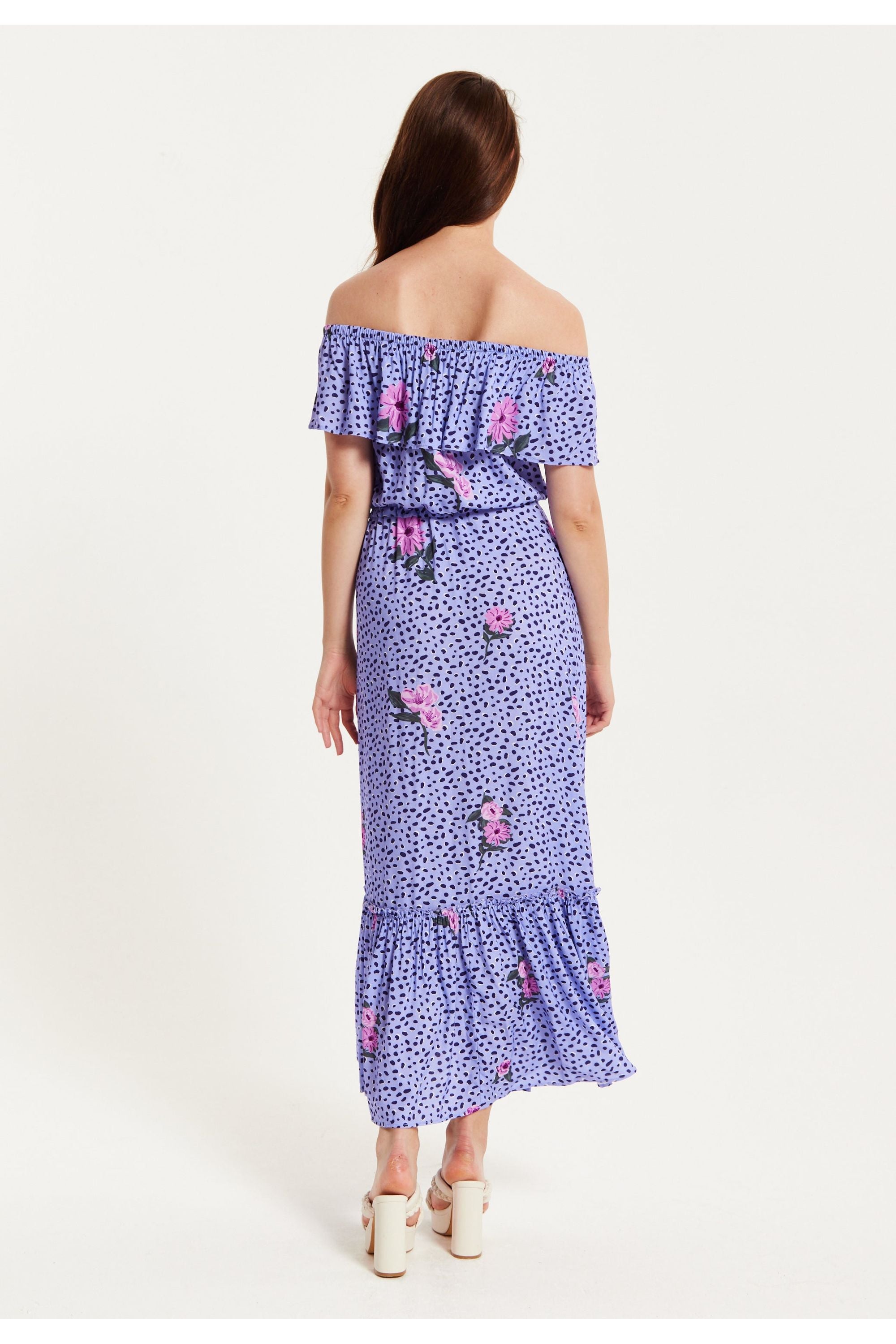 Animal Floral Print Off Shoulder Maxi Dress Purple C2-TRDROS003