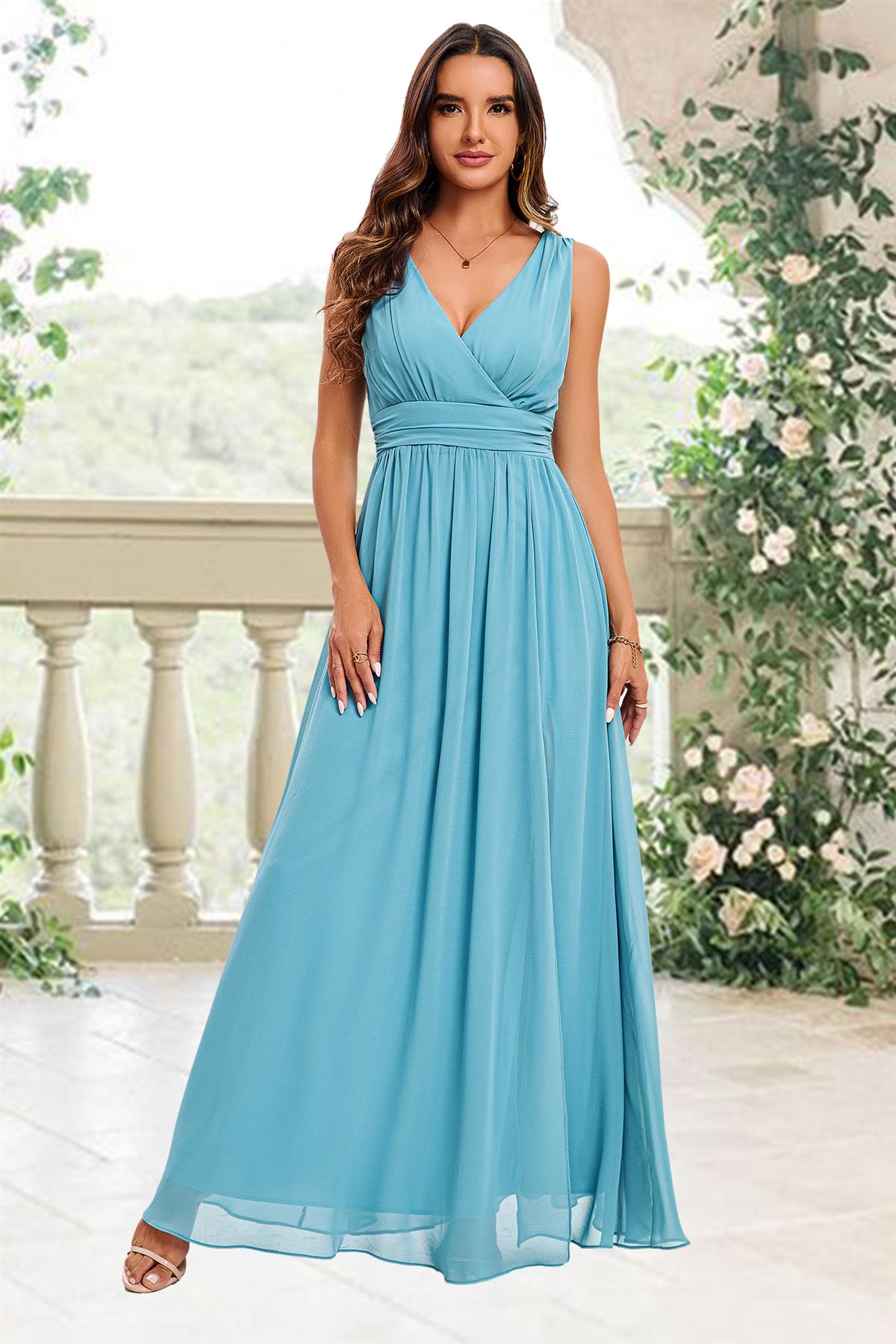 V Neck Bridesmaid Maxi Dress In Light Blue FS596