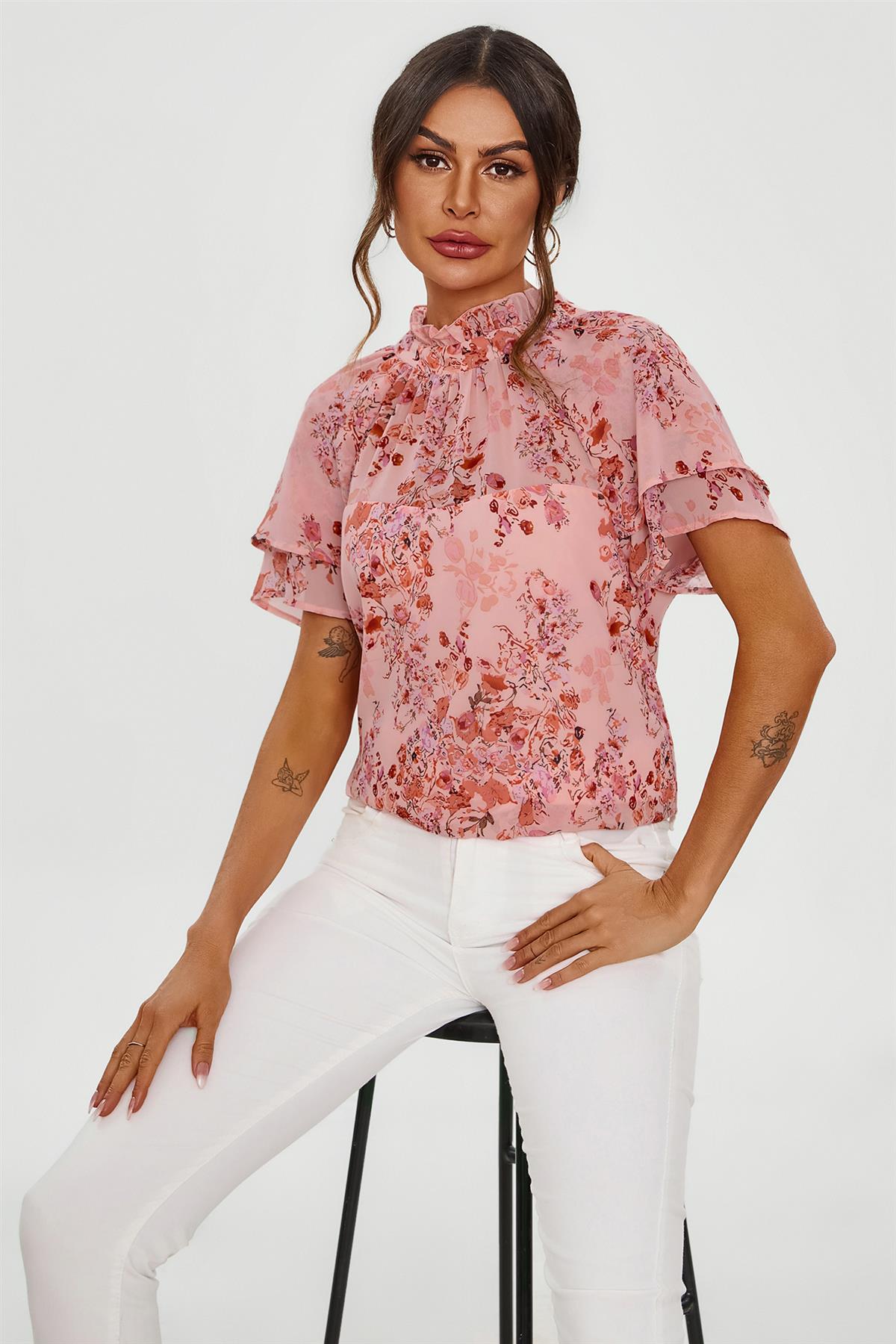Floral Print Frill Hem Sleeve High Neck Blouse Top In Pink FS657-PinkF