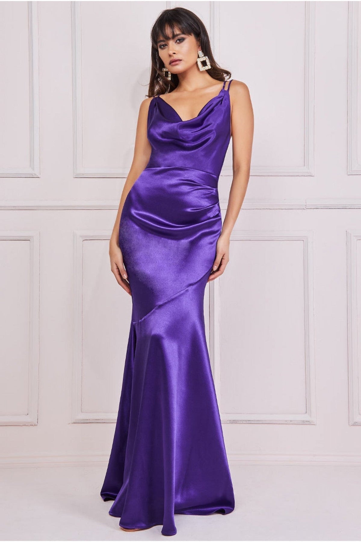 Cowl Neck With Strappy Back Satin Maxi - Purple DR2113