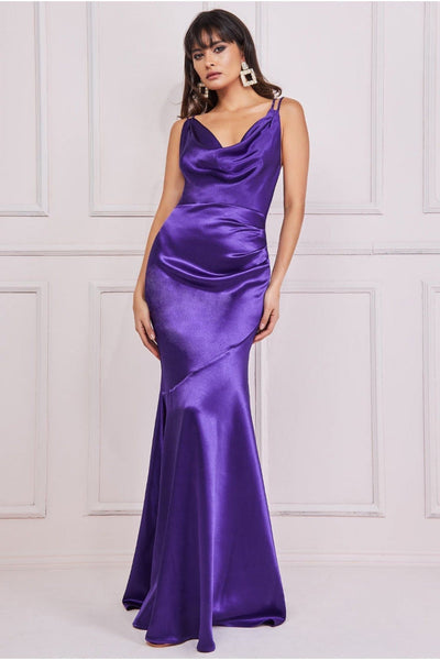 Purple - Cowl Neck With Strappy Back Satin Maxi - Purple by Goddiva