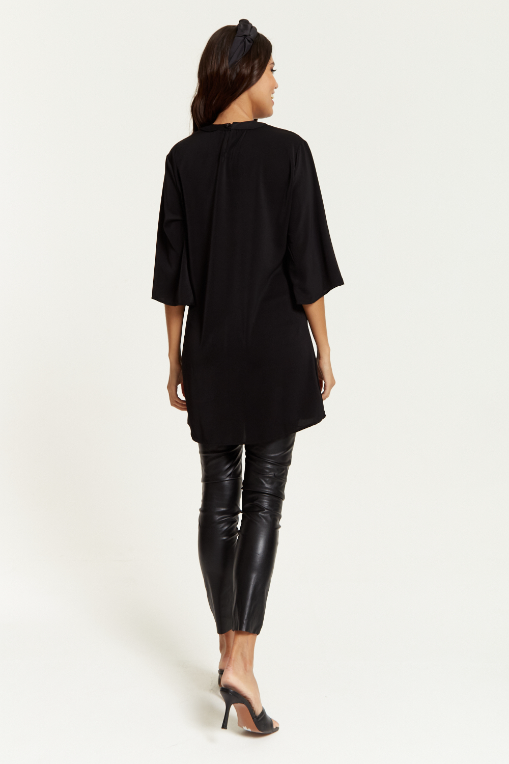 Oversized Detailed Neckline Tunic with 3/4 Sleeves in Black GLR FASHION NETWORKING