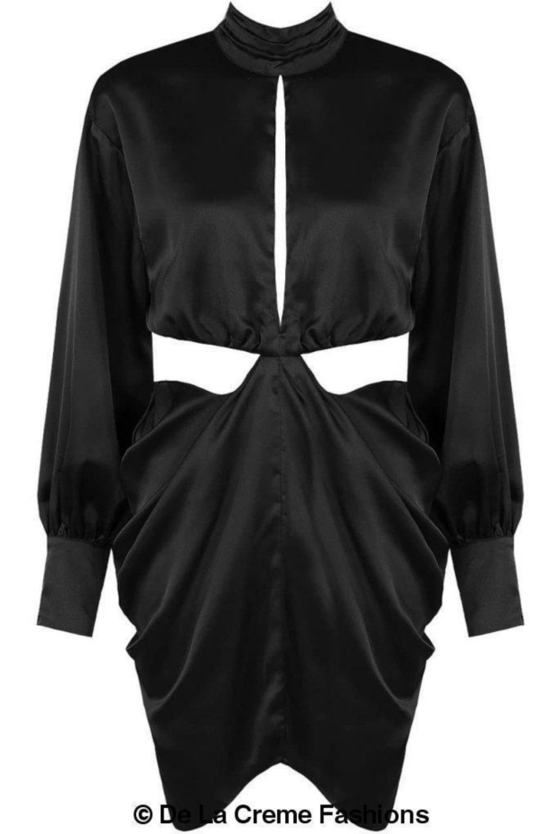 PLEATED HIGH NECK CUT OUT MINI DRESS De La Crème