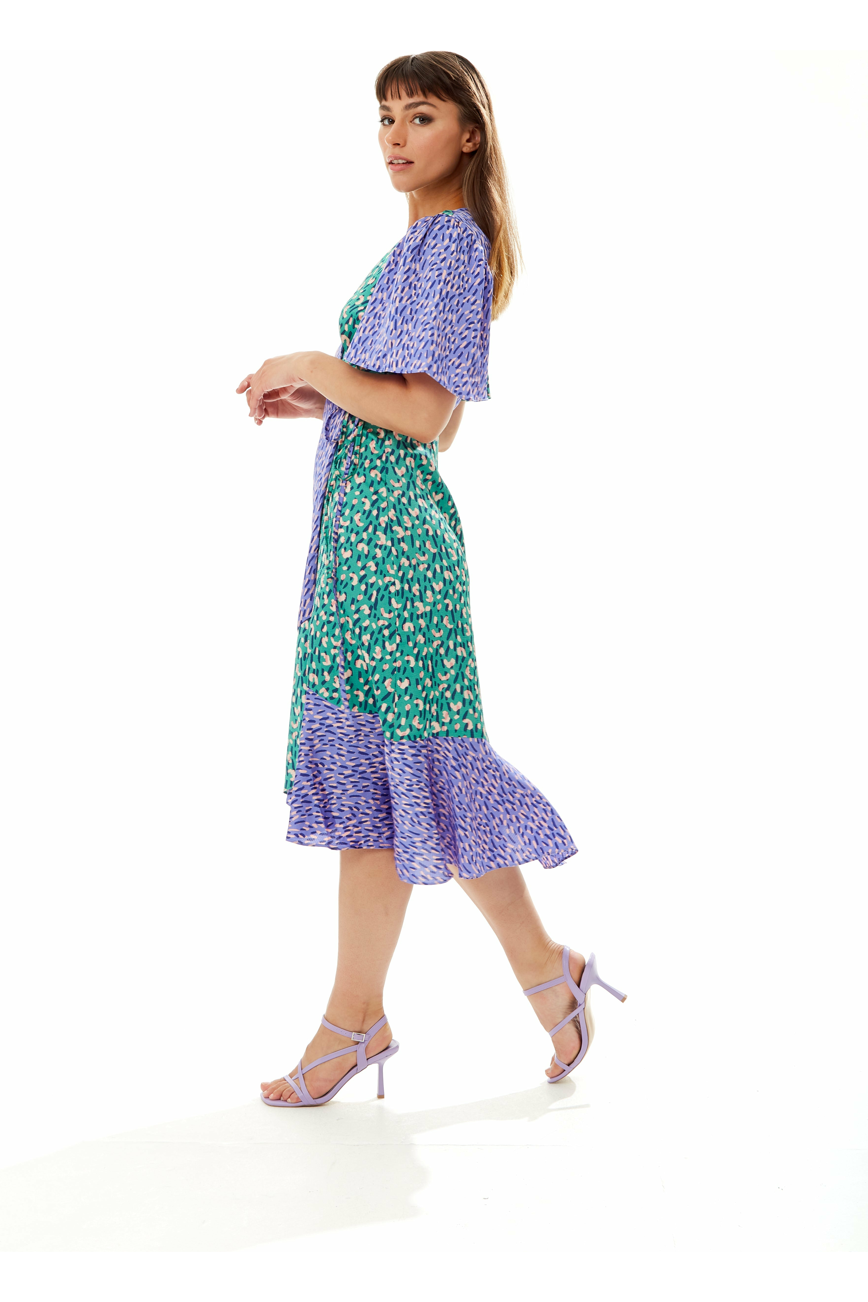 Multi Print Midi Wrap Dress In Contrast Colours B7-118-LIQ22-420A