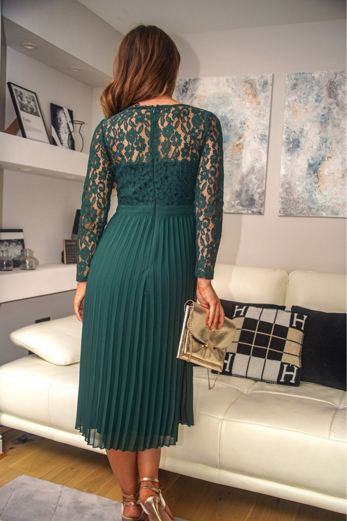 Green Long Sleeve Lace Pleated Dress DR0000267