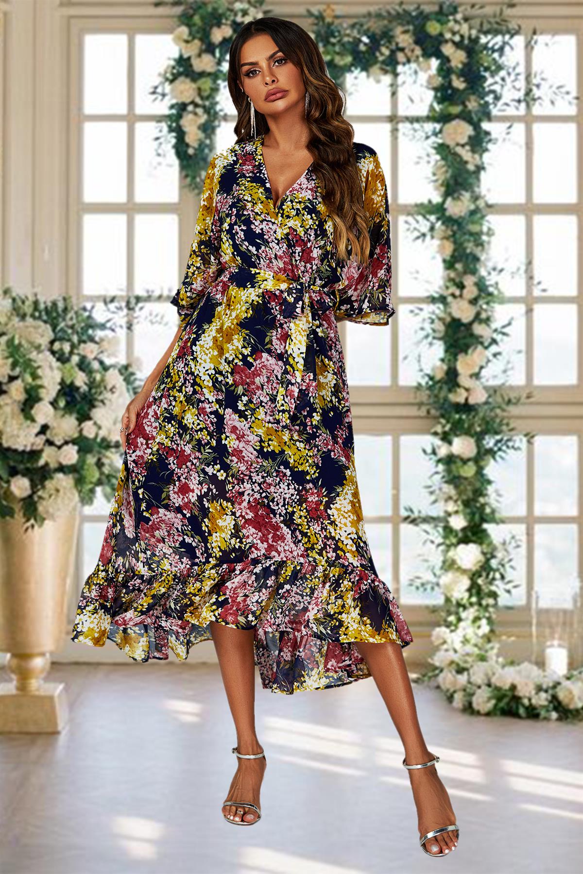 Floral Print Wrap Top Kimono Sleeve Maxi Dress In Navy FS638-NavyFloral