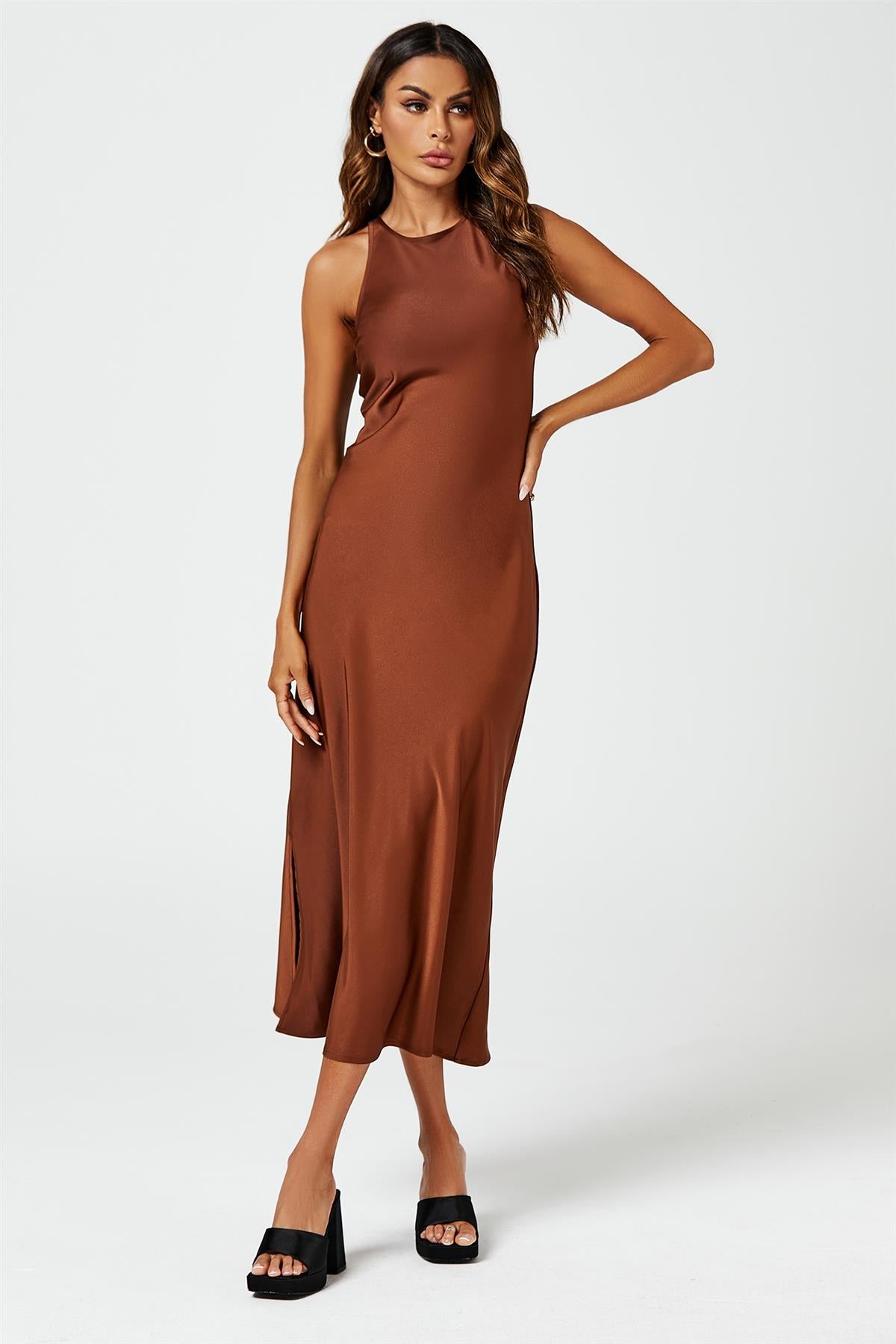 Slim Fit Satin Midi Dress In Brown FS615