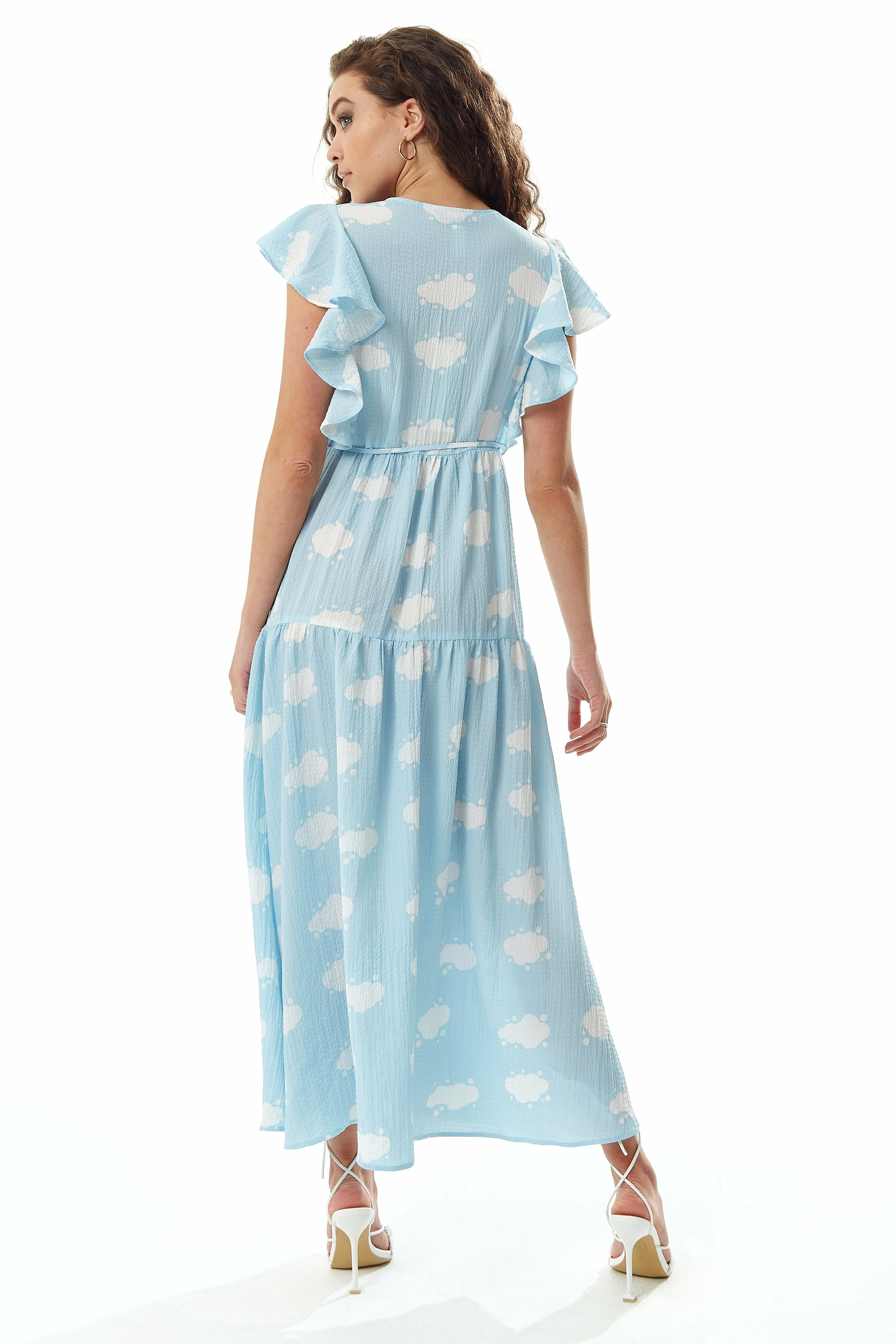 Liquorish cloud Print Midi Wrap Dress with Frill Sleeves in Blue Liquorish
