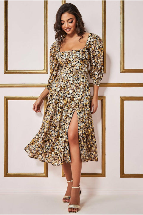 Leaf Print Shirred Back Midi Dress - Leaf Print DR3767B