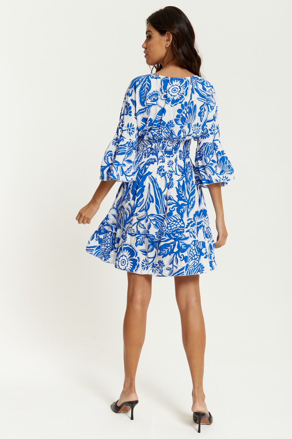 Oversized V Neck Detailed Floral Print Mini Dress in Blue and White GLR FASHION NETWORKING