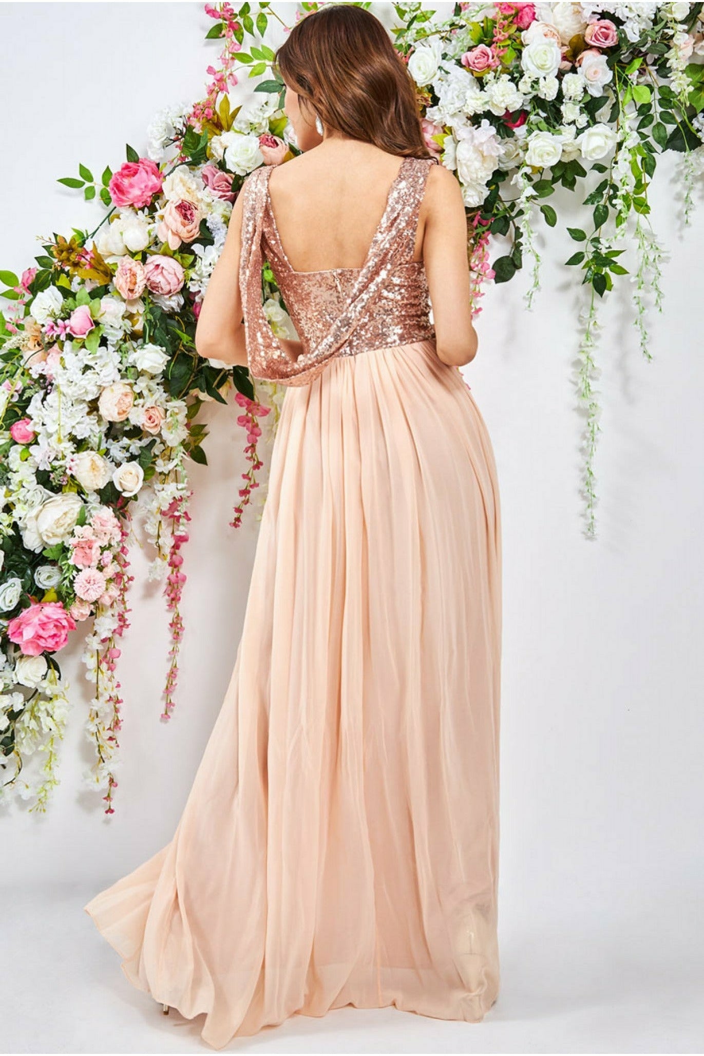 Cowl Back Sequin & Chiffon Maxi Dress - Champagne DR1278