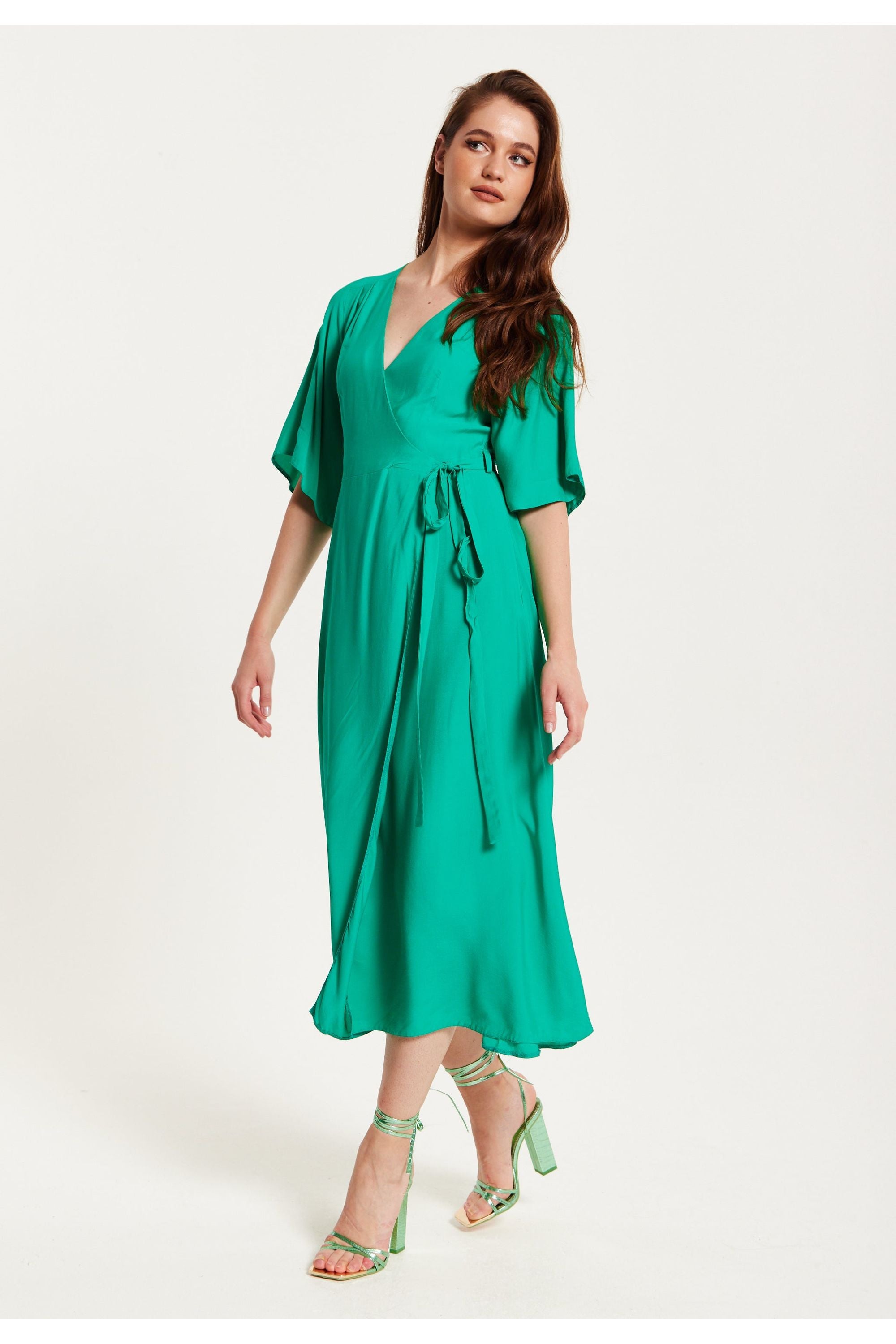 Green Maxi Wrap Dress With Kimono Sleeves C6-CCN001-Green