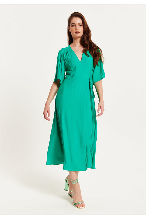 Green Maxi Wrap Dress With Kimono Sleeves by Liquorish