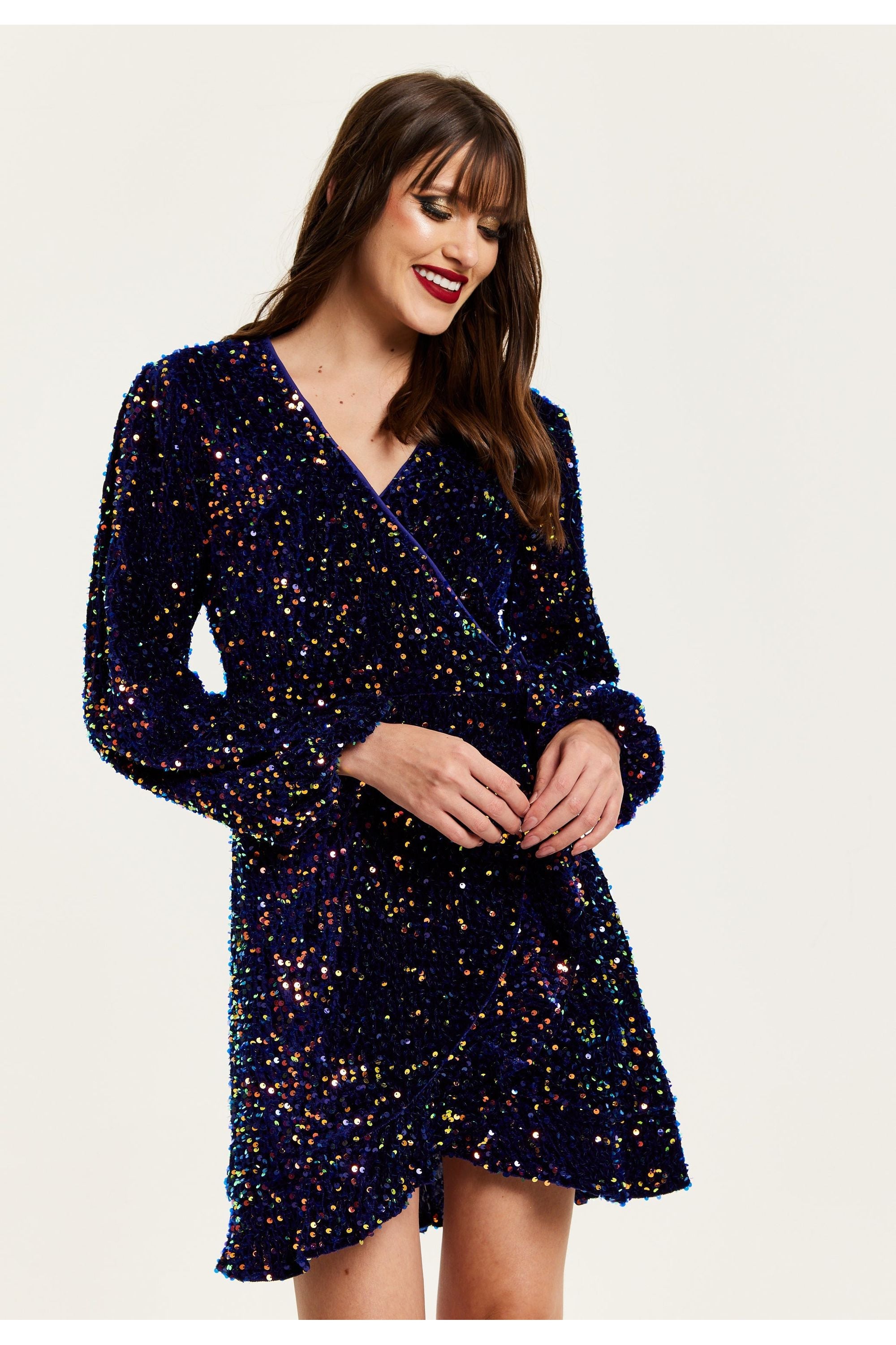 Royal Blue Velvet Based Multicolour Sequin Mini Wrap Dress E0-LIQ23AW013MC