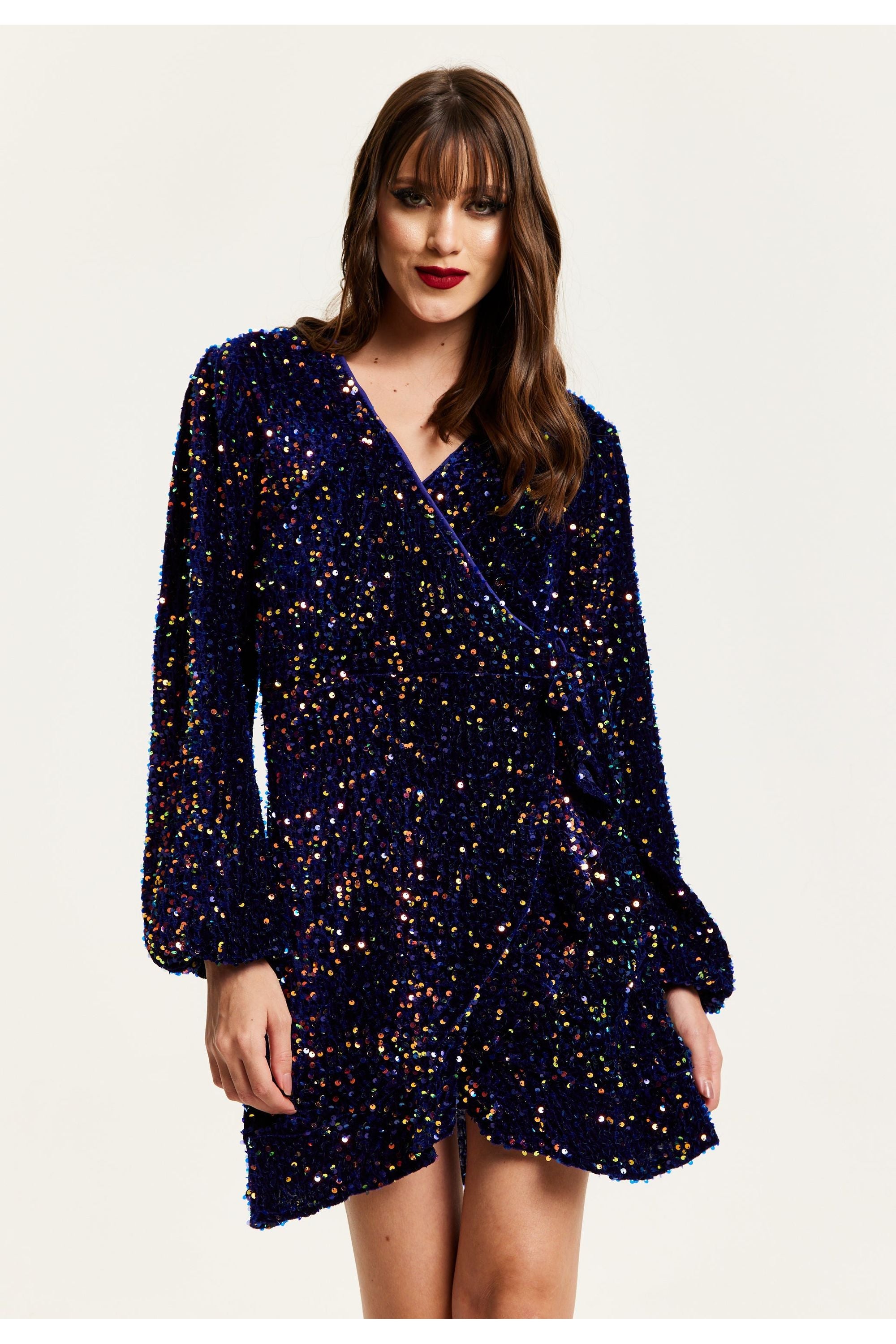 Royal Blue Velvet Based Multicolour Sequin Mini Wrap Dress E0-LIQ23AW013MC