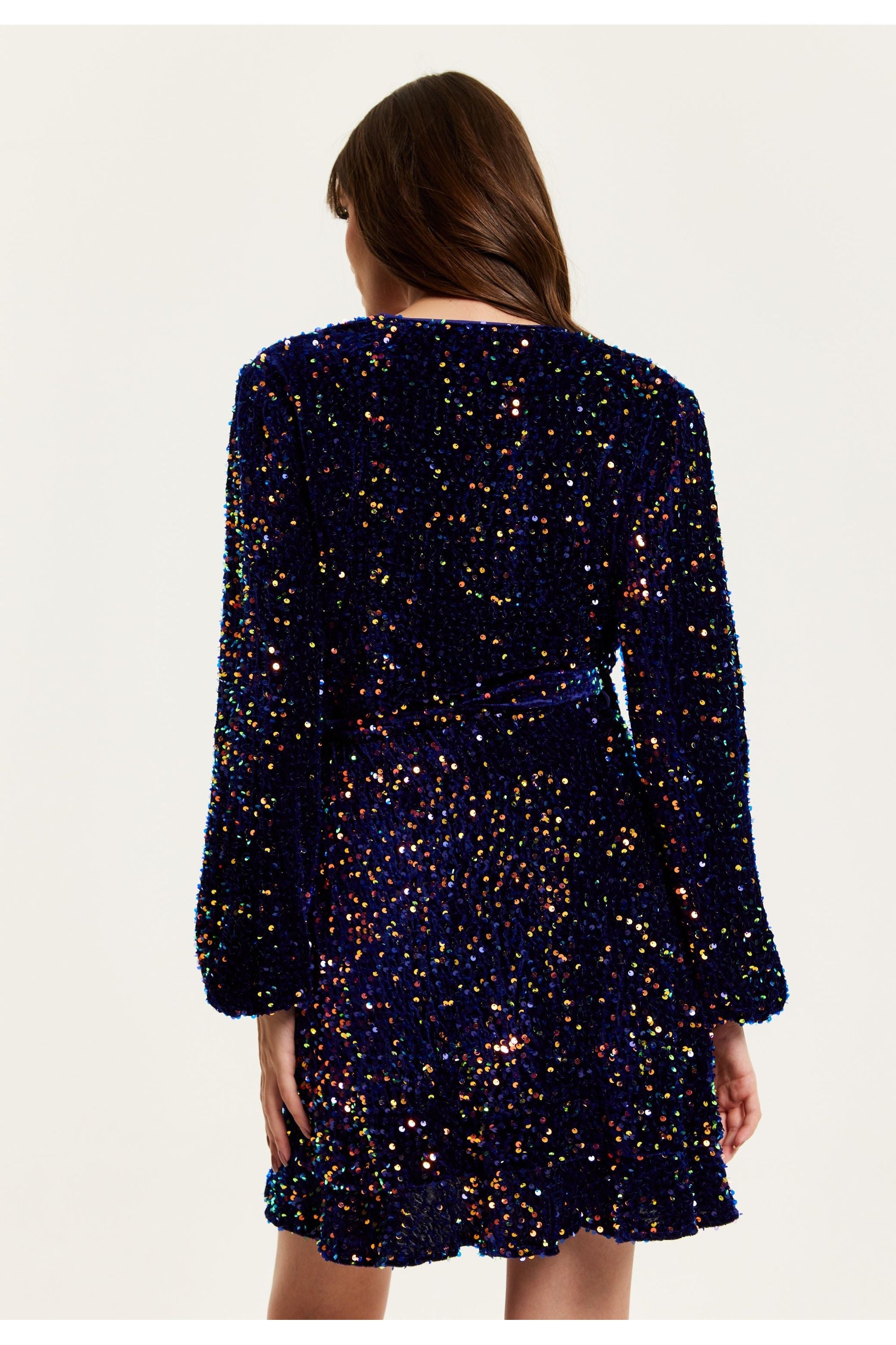 Royal Blue Velvet Based Multicolour Sequin Mini Wrap Dress E0-LIQ23AW013MC