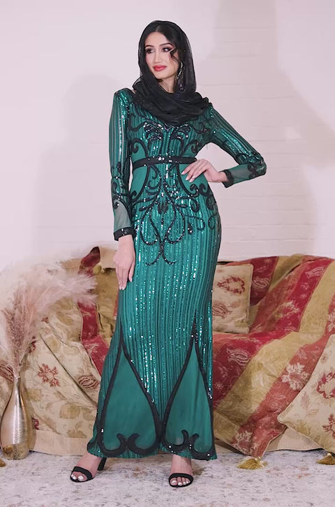 Goddiva Modesty Sequin & Mesh Maxi Dress - Emerald