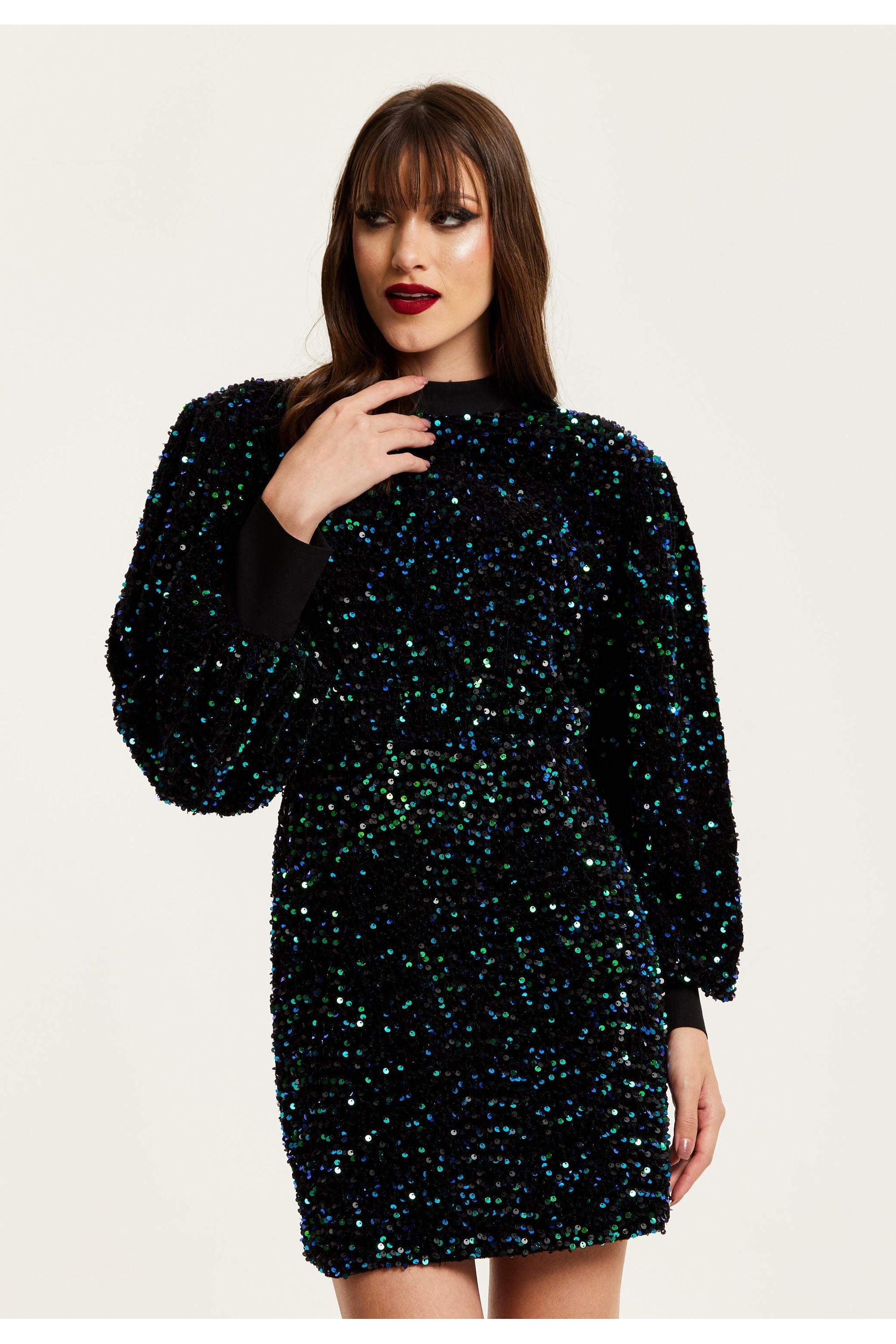 Black Velvet Based Green And Blue Sequin Mini Dress F0-LIQ23AW002GB