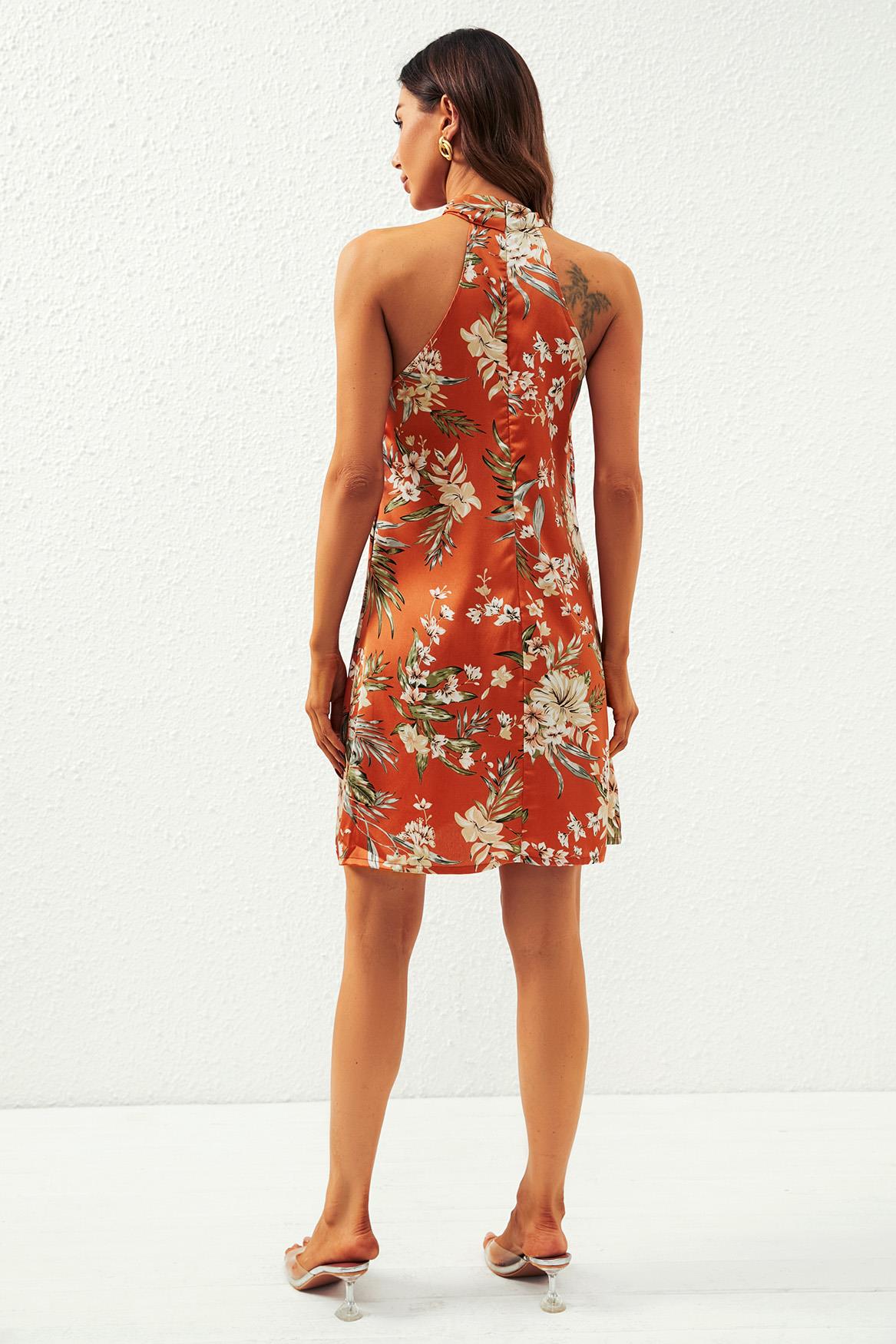 Satin Floral Print Halter Neck Mini Dress In Orange FS560-OF
