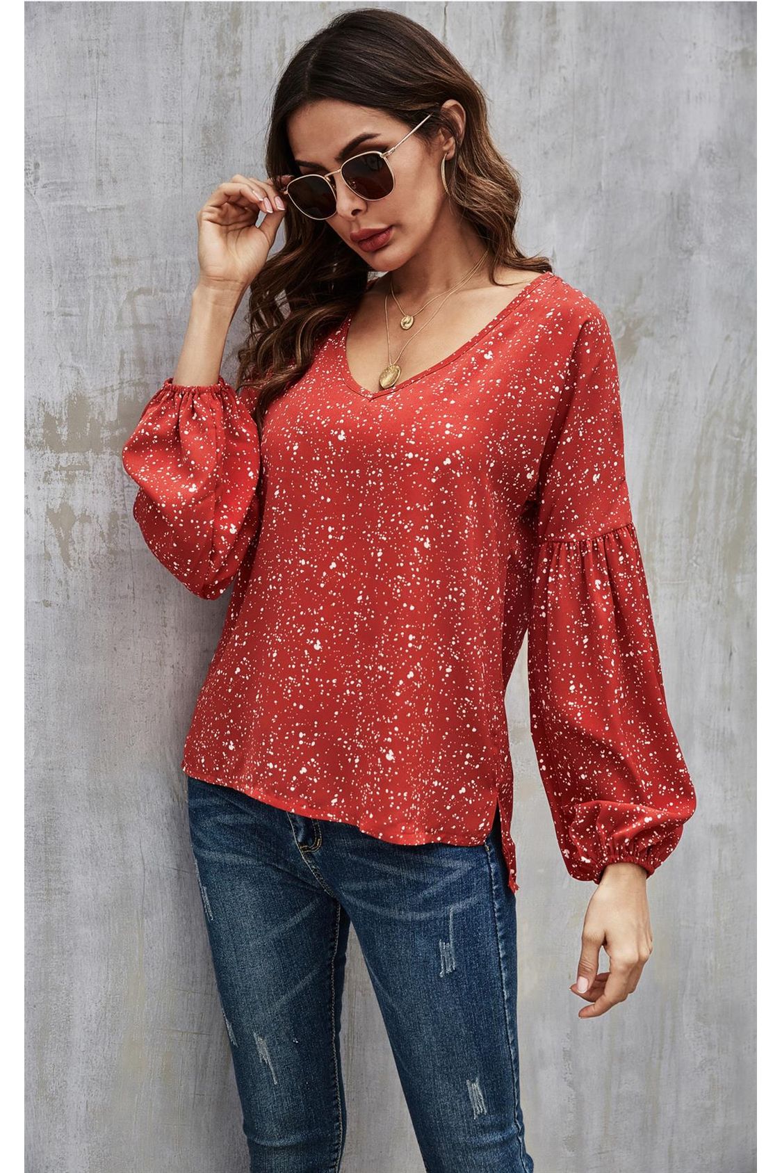 High Low Smock V Neck Top In Red FS21047-1