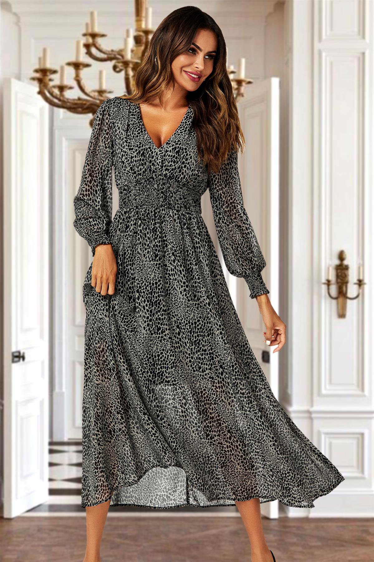 Leopard Print Long Sleeve Maxi Dress In Grey FS629