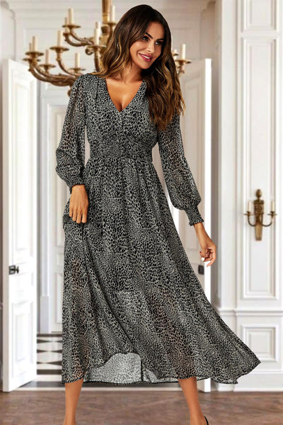 Leopard Print Long Sleeve Maxi Dress In Grey | Goddiva