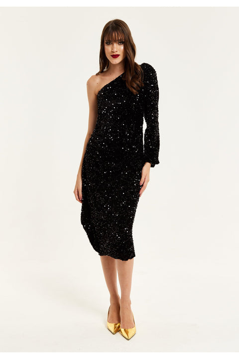 Black Sequin Velvet One Shoulder Midi Dress by Liquorish