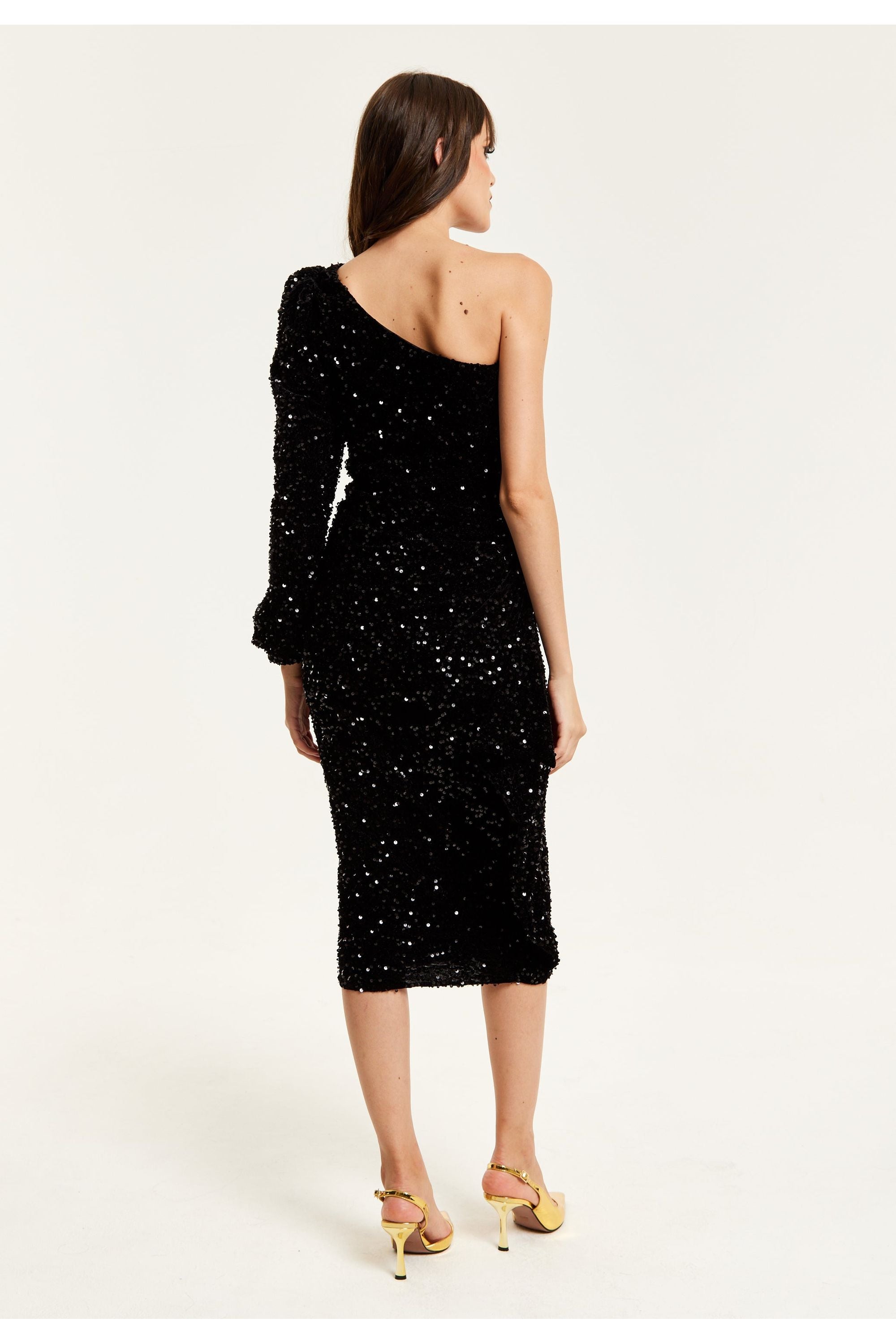 Black Sequin Velvet One Shoulder Midi Dress F0-LIQ23AW015