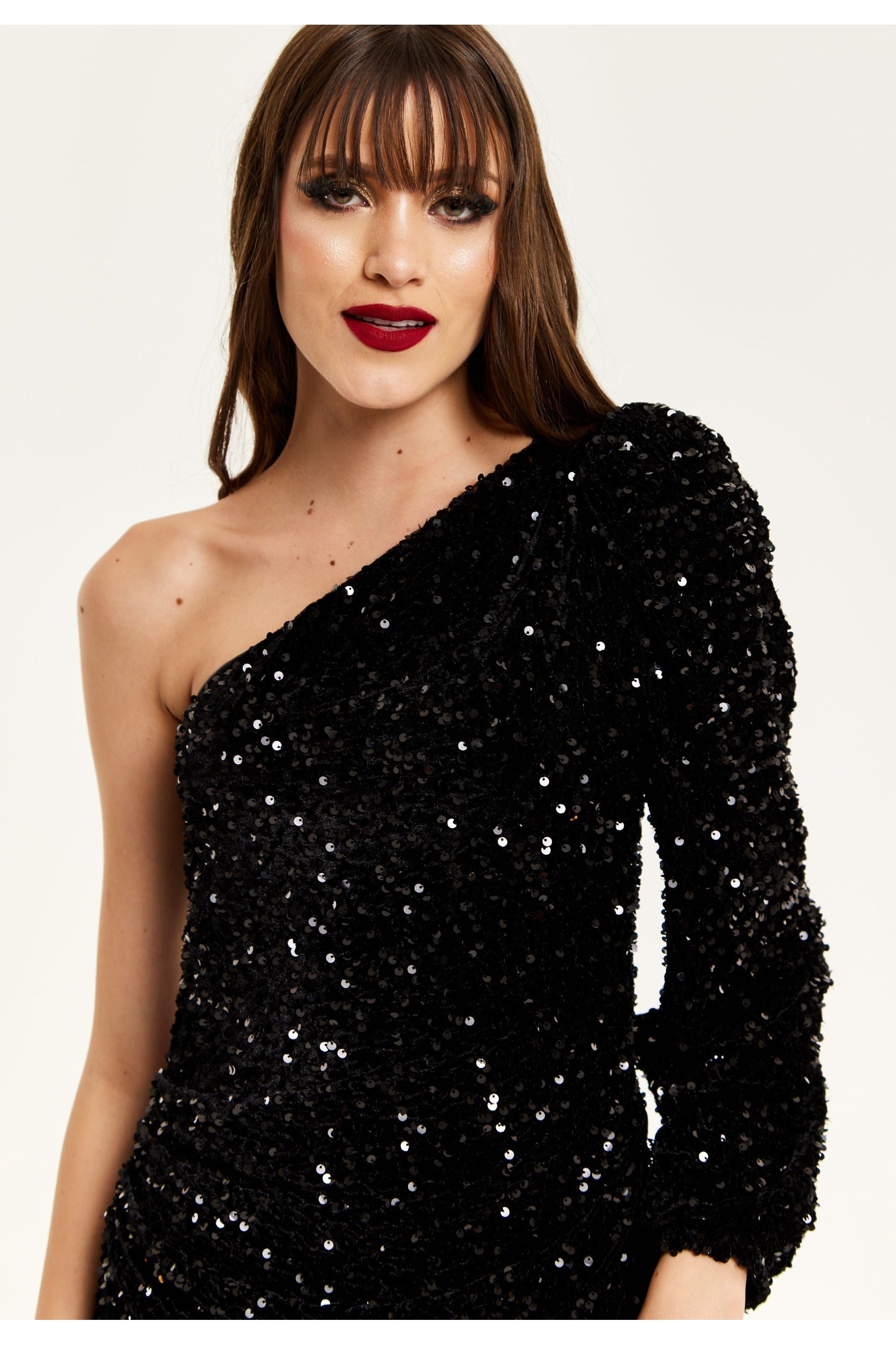 Black Sequin Velvet One Shoulder Midi Dress F0-LIQ23AW015