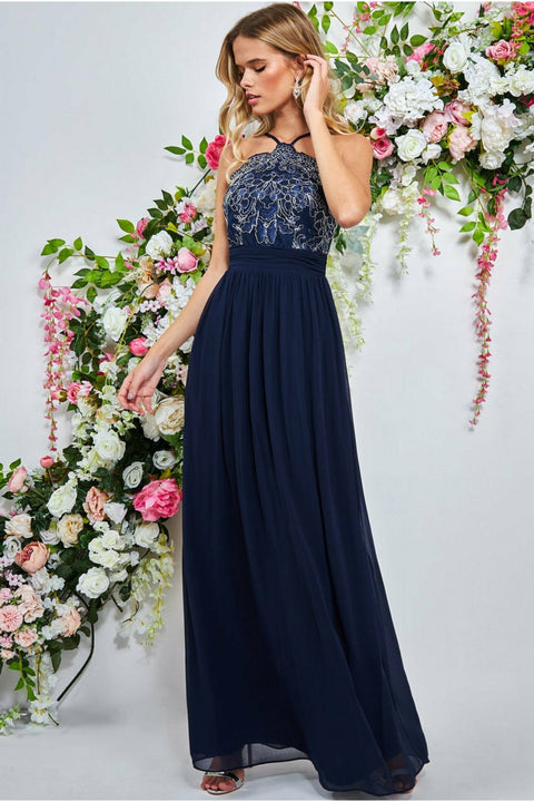 Lace Halter Neck Chiffon Skirt Dress  - Navy DR2834