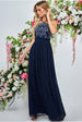 Goddiva Lace Halter Neck Chiffon Skirt Dress  - Navy