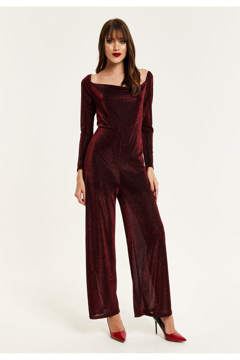 Burgundy Cowl Neck Lurex Jumpsuit E21-LIQ23AW068BR