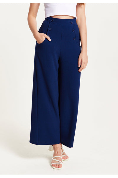 Blue - Navy Wide Leg Trousers by Liquorish